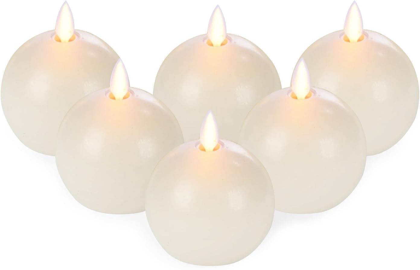 Ry-king Moving Wick Flameless Flicker Round Ball Wax LED Candles Lights with 10-Key Remote Control 2/4/6/8 Hours Timer, Batteries Included, Ivory Color, Set of 6