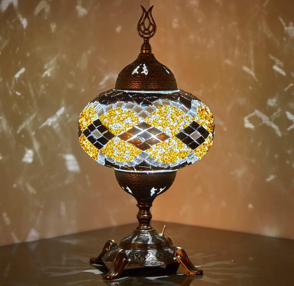 (15 Colors) BATTERY OPERATED Mosaic Table Lamp with BUILT-IN LED Bulb, Turkish Moroccan Handmade Mosaic Table Desk Bedside Mood Accent Night Lamp Light Lampshade with LED Bulb,No Cord (Brown Therapy)