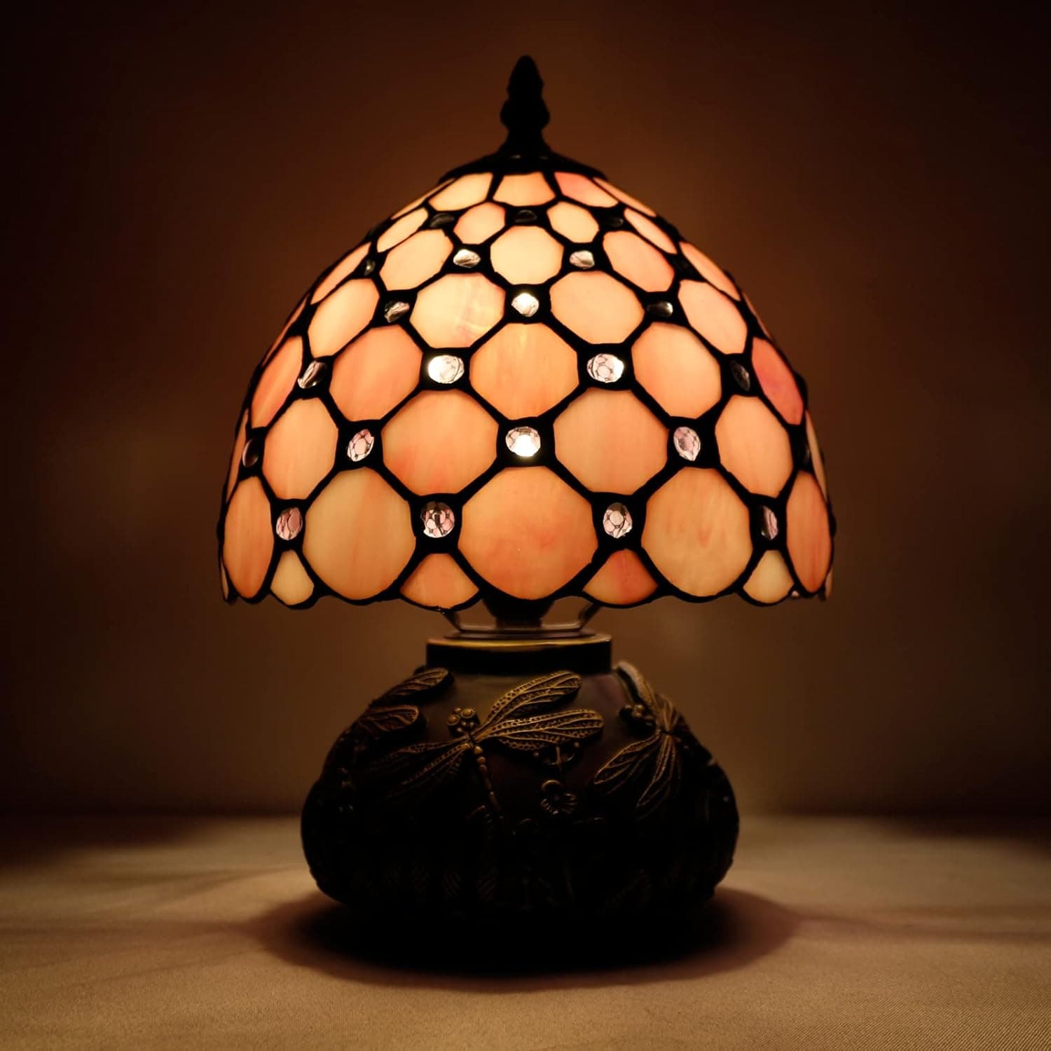WERFACTORY Small Tiffany Lamp W8H11 Inch Green Wisteria Stained Glass Table Lamp Bronze Mushroom Resin Base Mini Accent Lamp Decor Bedroom (Pink Bead)
