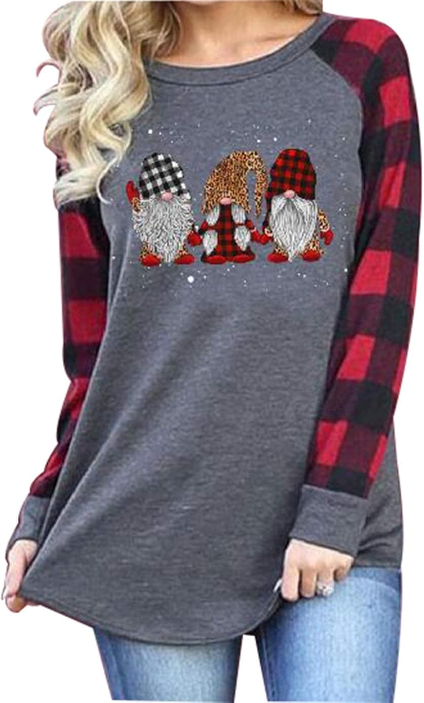 Women Merry Christmas Sweatshirt Long Sleeve Plaid Leopard Xmas Tree Graphic Tees Baseball Tops Blouse