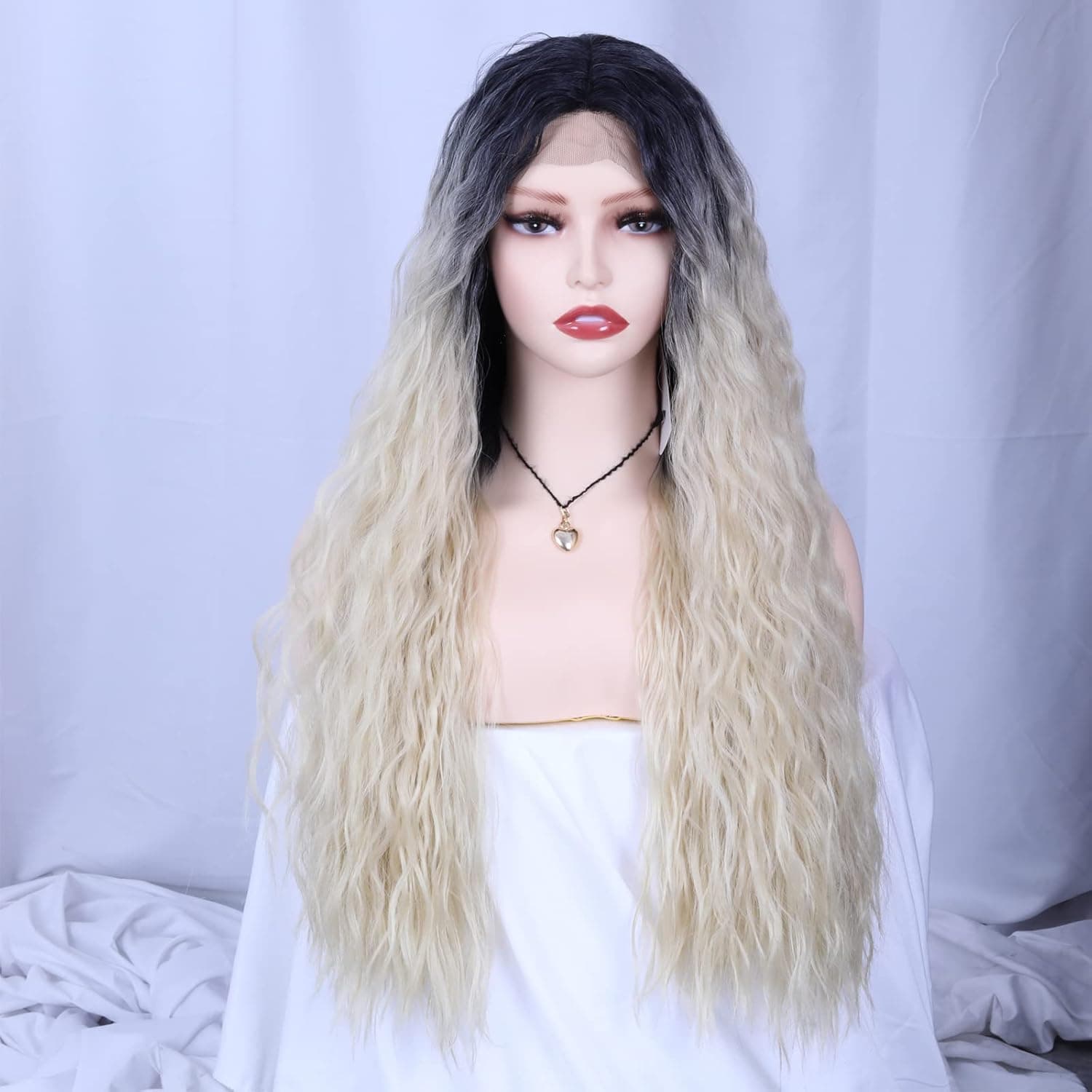 AMOWO 26Inch 13*1 Curly Wavy Water Ripple Wig Honey Blonde Lace Front Wigs for Women Heat Resistant Synthetic Fiber Middle Part Glueless Wig for Daily Party Use