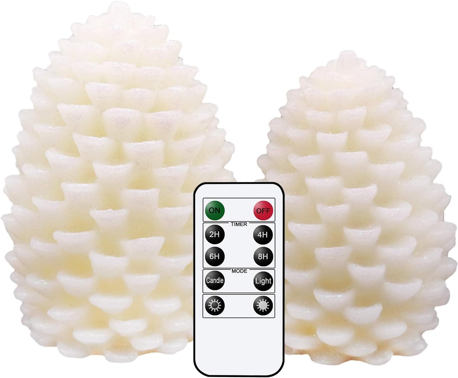 Eldnacele Battery Operated LED Pine Cone Flameless Candles Real Wax with Timer and Remote for Christmas Home Party Decor, Ivory Set of 2