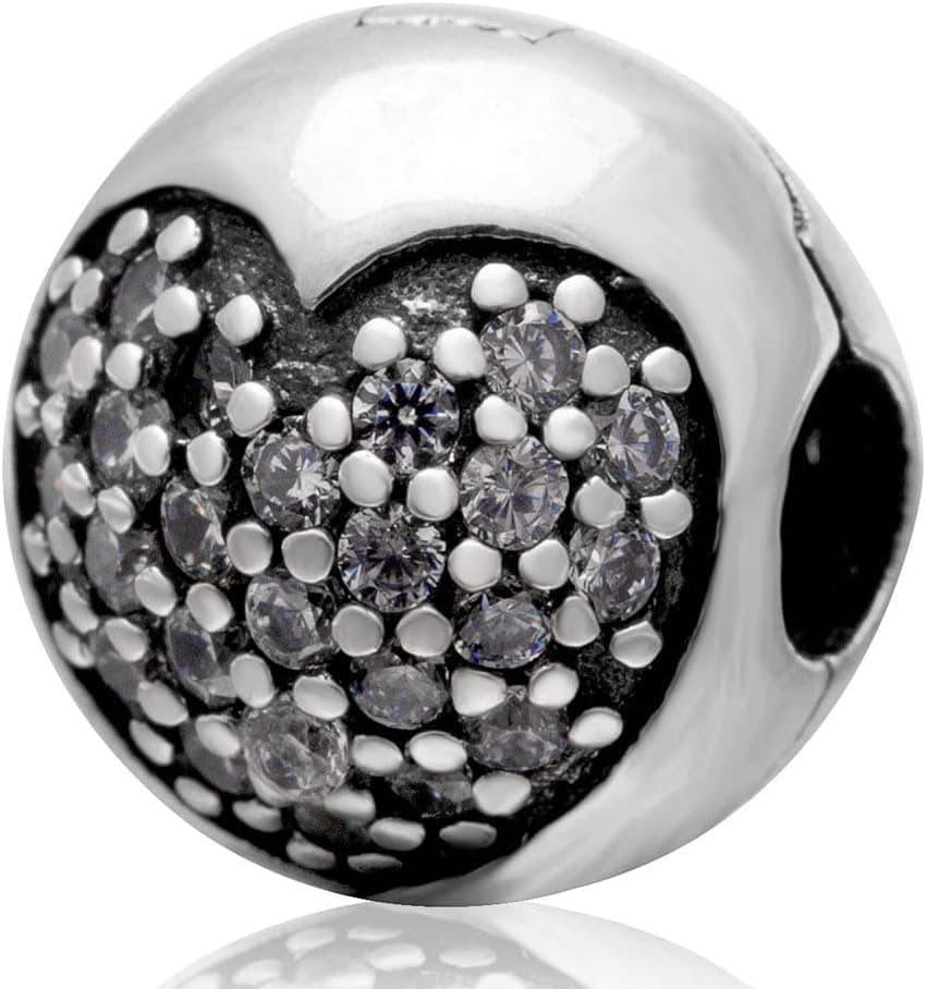 Clip Stopper Charm with Crystal Charm 925 Sterling Silver Round Charm Heart Charm Lock Charm Spacer Charm for Bracelet (White)