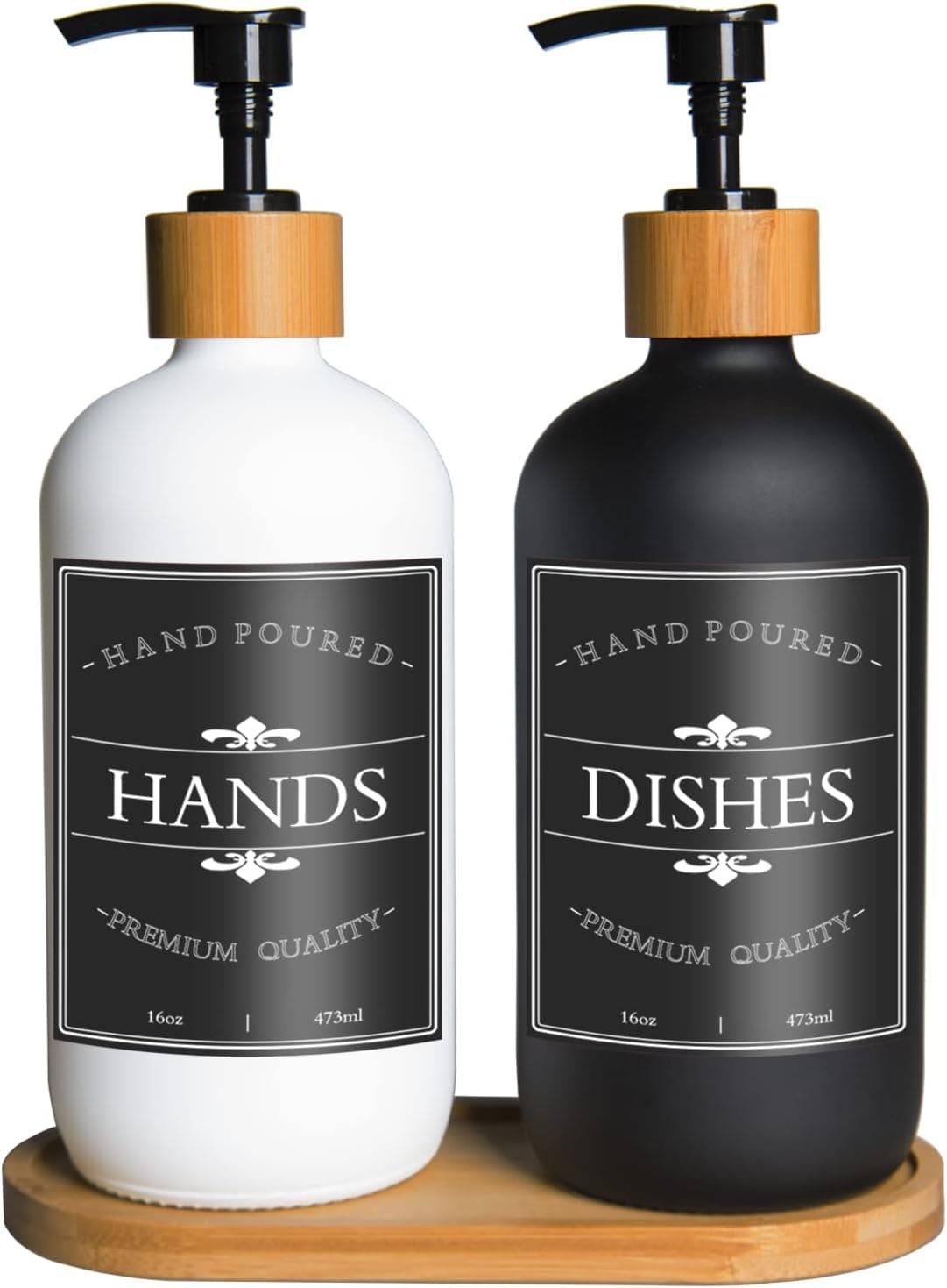 Glass Soap Dispenser Set for Kitchen, Thick 16oz Hand & Dish Soap Dispenser Bottles, with Bamboo Pumps & Tray, Waterproof Labels, Modern Farmhouse Vintage Jar