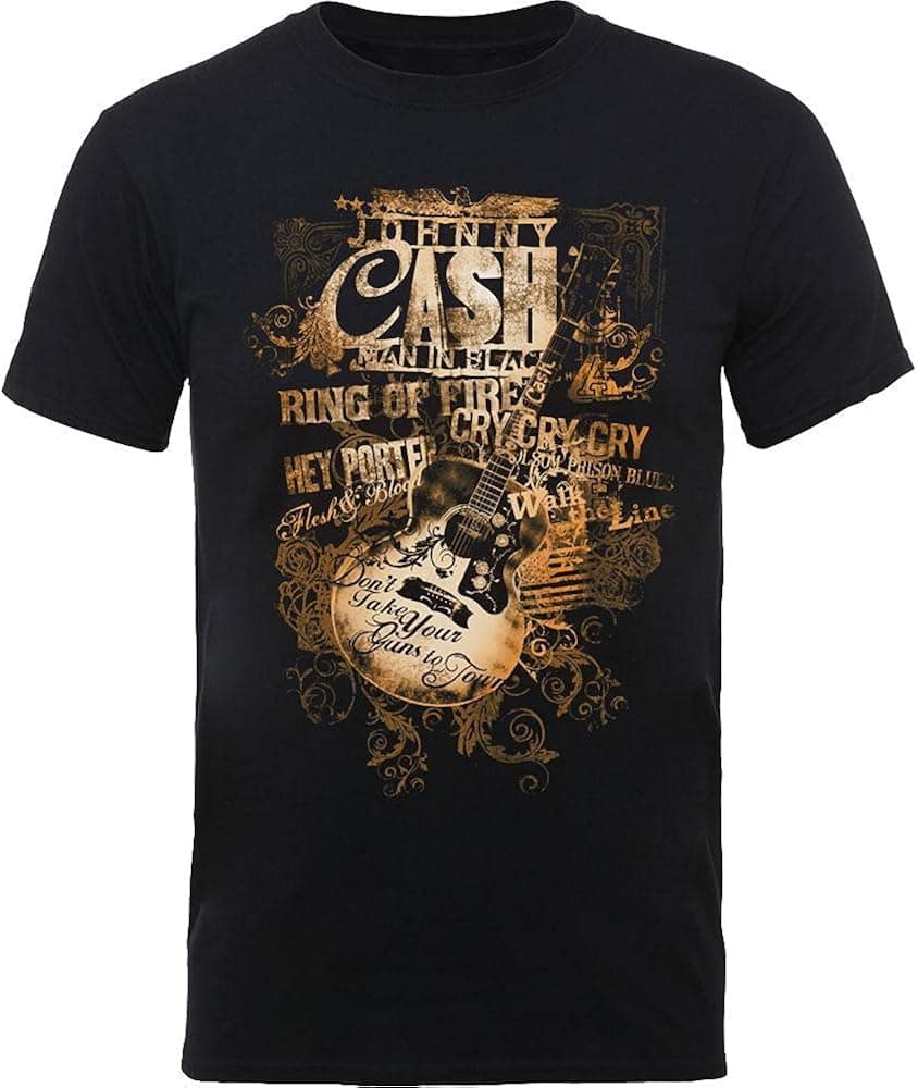 Johnny Cash Men's Guitar Song Titles Slim Fit T-Shirt Black