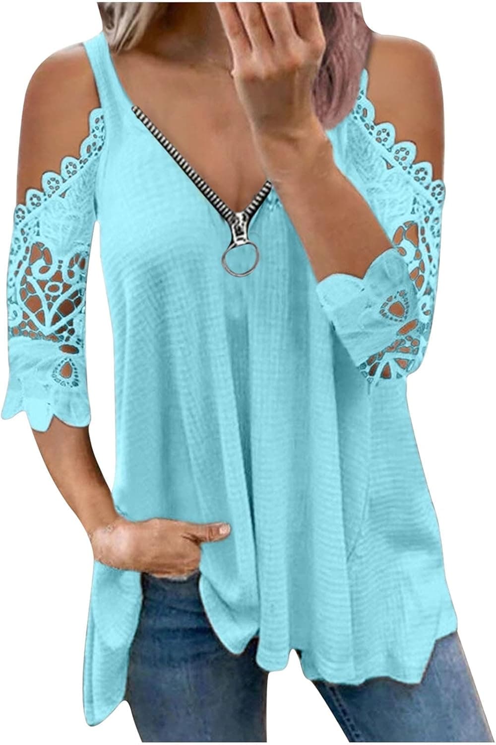 WANGXIYAN Summer Women Cold Shoulder Tops Fashion Sexy Loose Fit Short Sleeve Zipper Printing Strapless Long Tunic Blouse