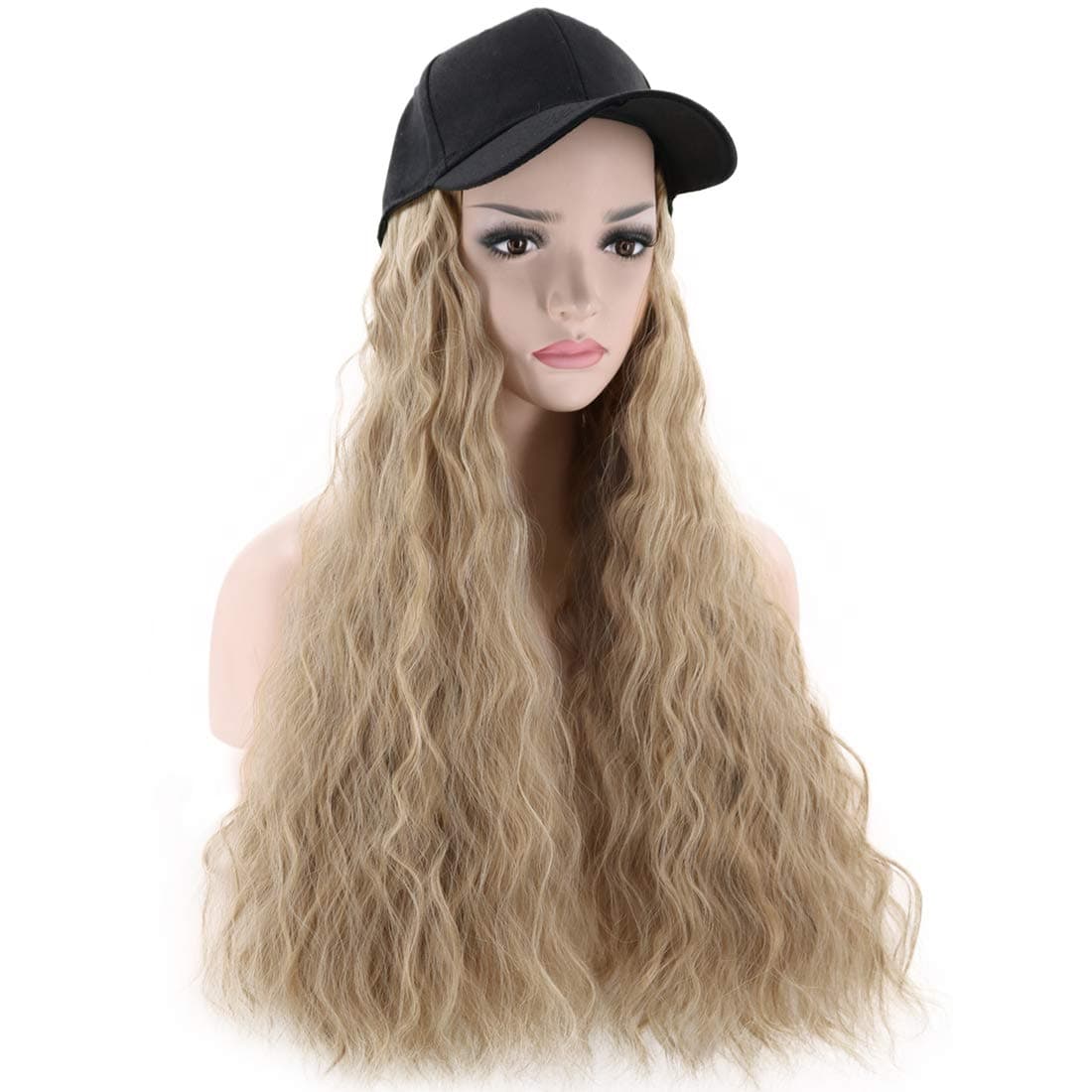 PATTNIUM Hat Wig for Women Long Baseball Cap Wig with Curly Hair Extensions Wig Heat Resistant Synthetic Hair Cosplay Daily Wear Wig (Natural Curly, Mixed Blonde)