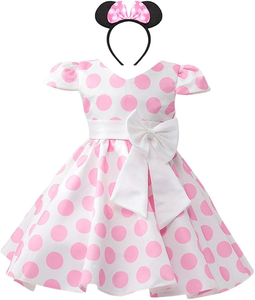Toddler Girls Polka Dots Princess Birthday Party Pageant Cap Sleeve Dresses with Ear Headband Halloween Outfits Set