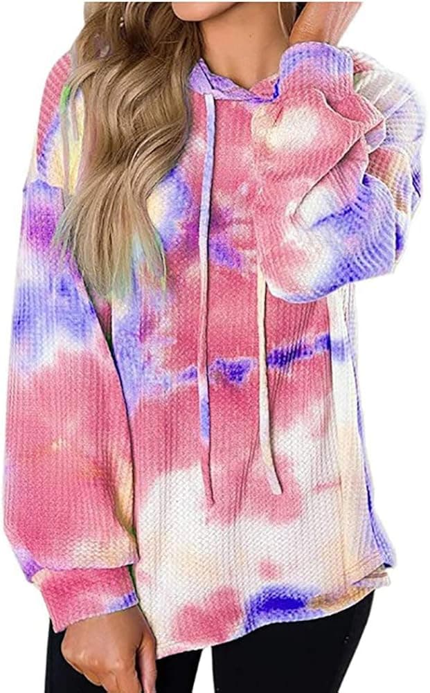 Women's Hoodies Pullover Tie Dye Sweatshirt Hooded Waffle Knit Long Sleeve Loose Tops Red