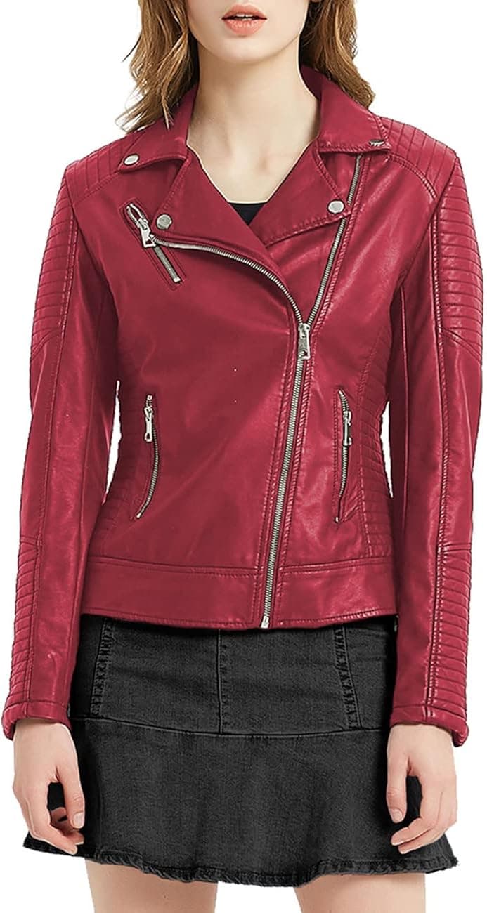 Geschallino Women's Faux Leather Jacket Spring Fall Clothes Trendy Motorcycle Biker Coat