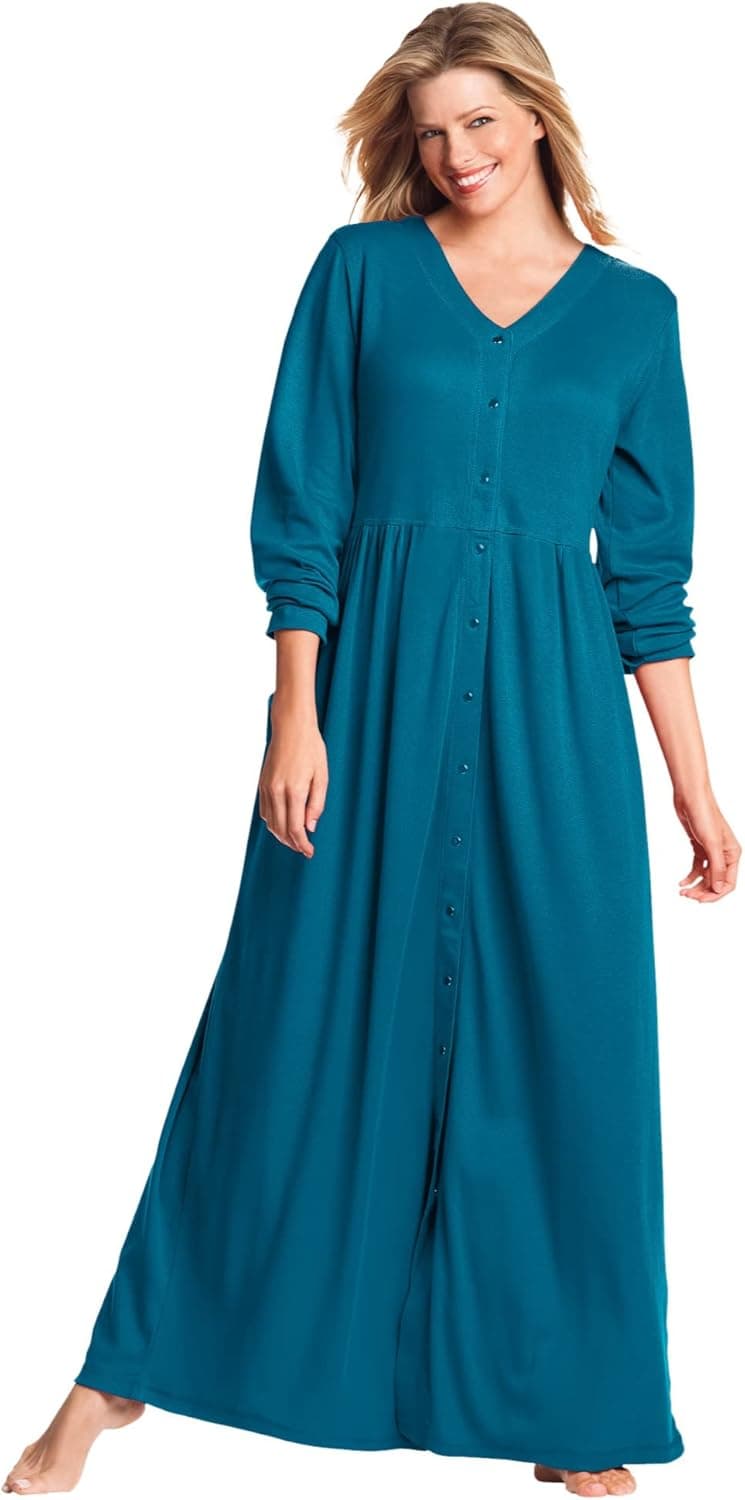 Only Necessities Women's Plus Size Long Snap-Front Knit Lounger House Dress or Nightgown - 4X, Deep Teal Blue