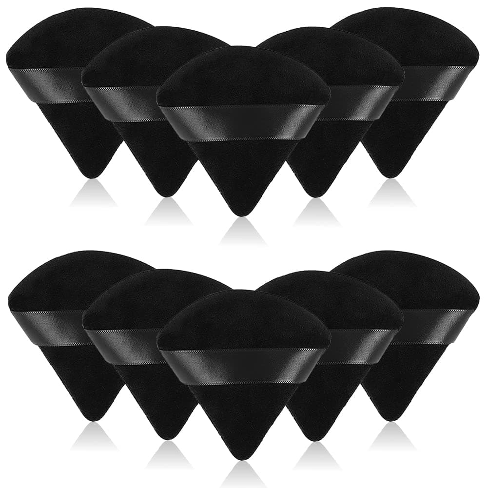 10 Pcs Triangle Powder Puff for Face Soft Loose Makeup Velour Beauty Puff With Strap Powder Puffs for Face Powder Contouring Body Cosmetic Foundation Sponge Mineral Wet Dry Tool(Black)
