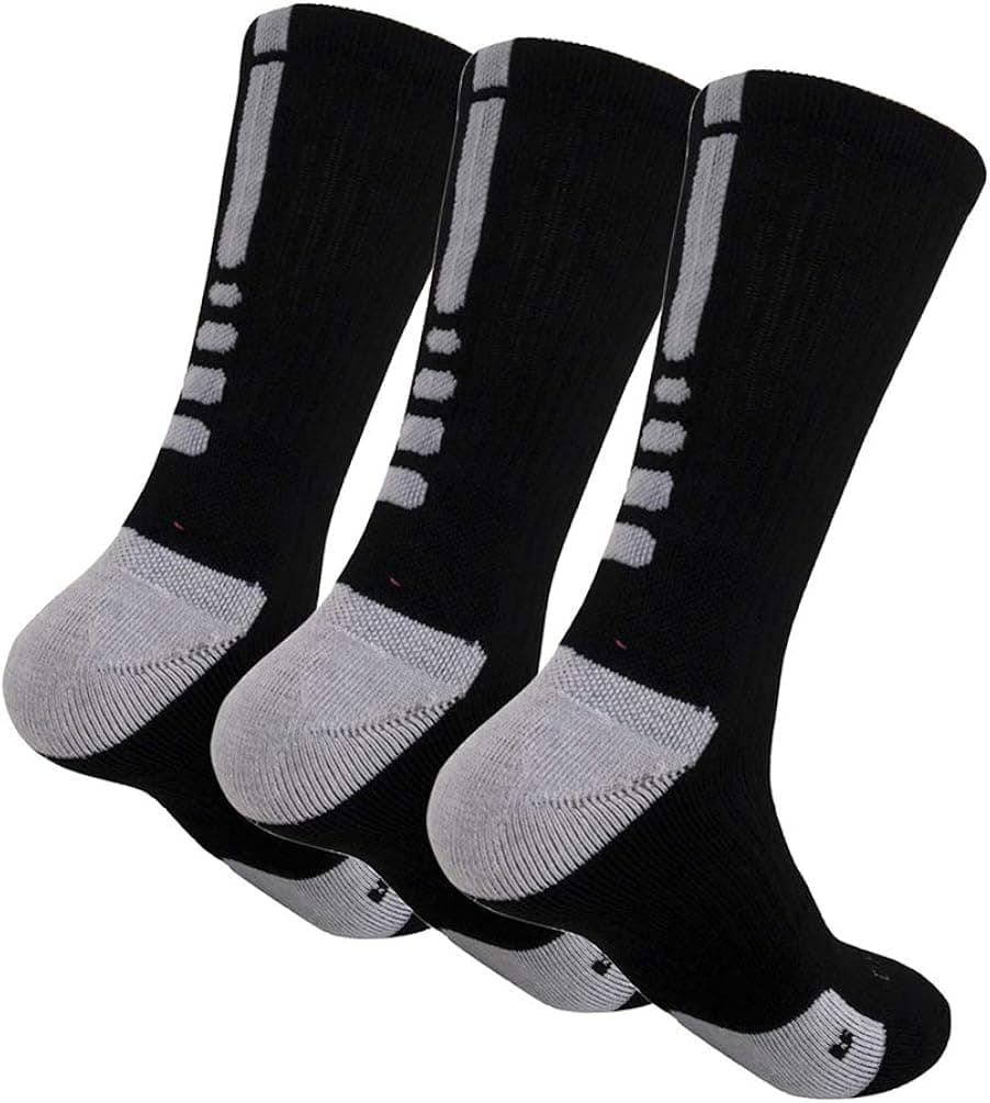 MUMUBREAL Men's Dri-Fit Cushioned Basketball Athletic Sports Compression Crew Socks Size 6-13 (3 Pack), Black/Grey