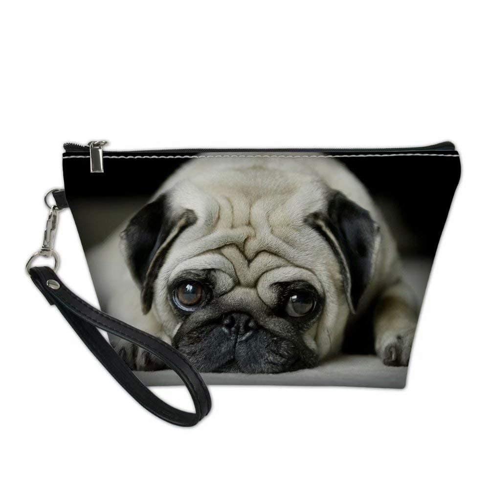 Dellukee Portable Travel Cosmetic Organizer for Women Cute Pug Print Roomy Zipper Closure Toiletry Pouch Travel Makeup Bag Purse