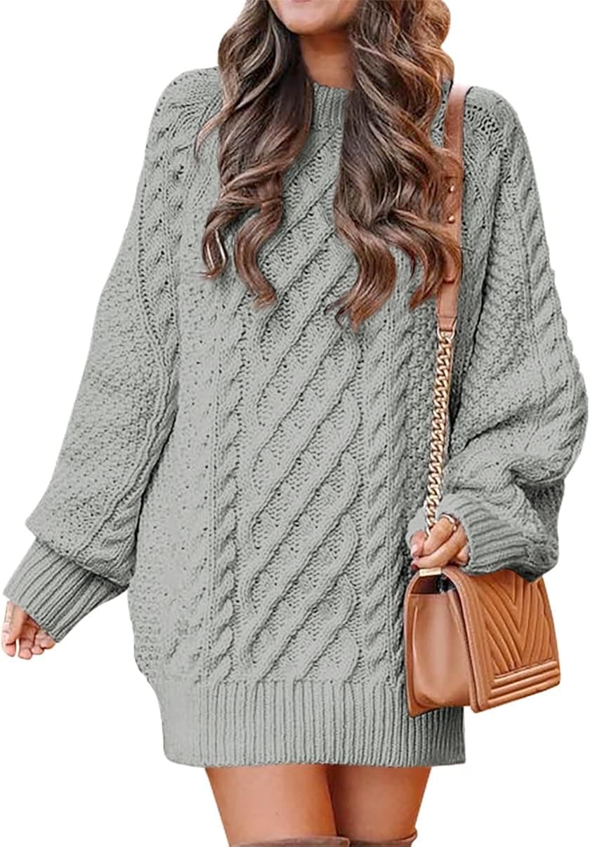 Nigaga Women Crewneck Long Sleeve Loose Oversized Cable Knit Chunky Pullover Short Sweater Dresses