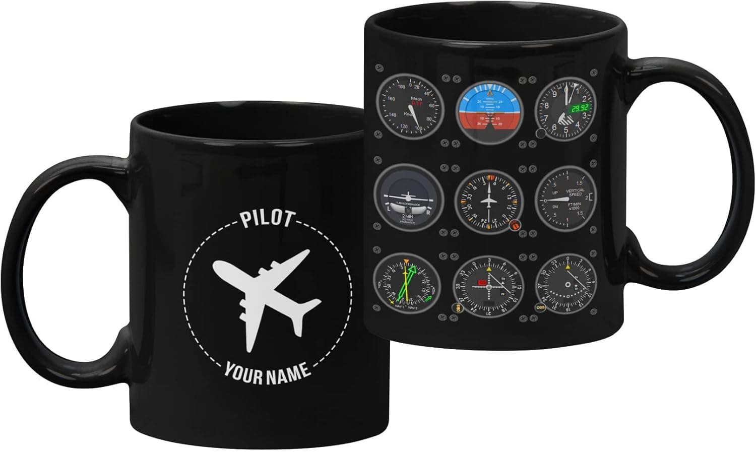Personalized Pilot Indicator Mugs - Pilot Meter Aircraft Flight Deck Mug Gift for Men Women Kids - Add Your Name - Black Ceramic Coffee Mug - 11oz
