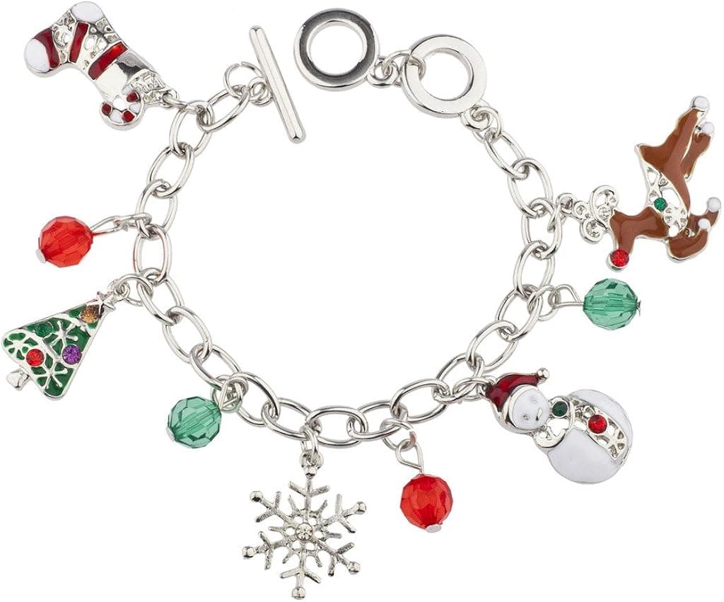 Lux Accessories Christmas Snowflake Snowman Reindeer Beaded Charm Bracelet