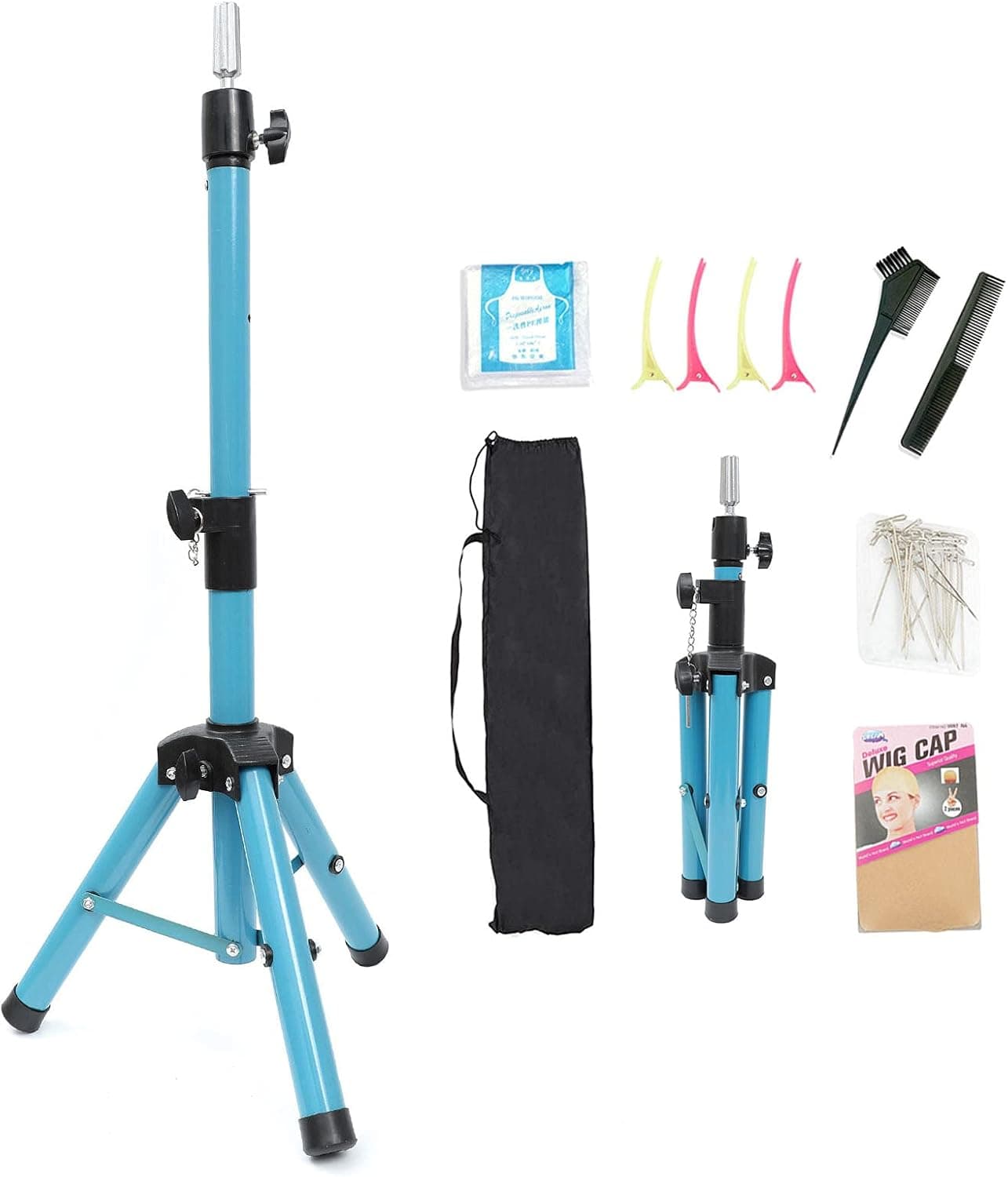 Wig Stand Tripod Lihui Mannequin Head Tripod Stand Metal Wig Head Stand For Cosmetology Salons Hairdressing Home Hair Extensions Wigs Styling Training(Light Blue)