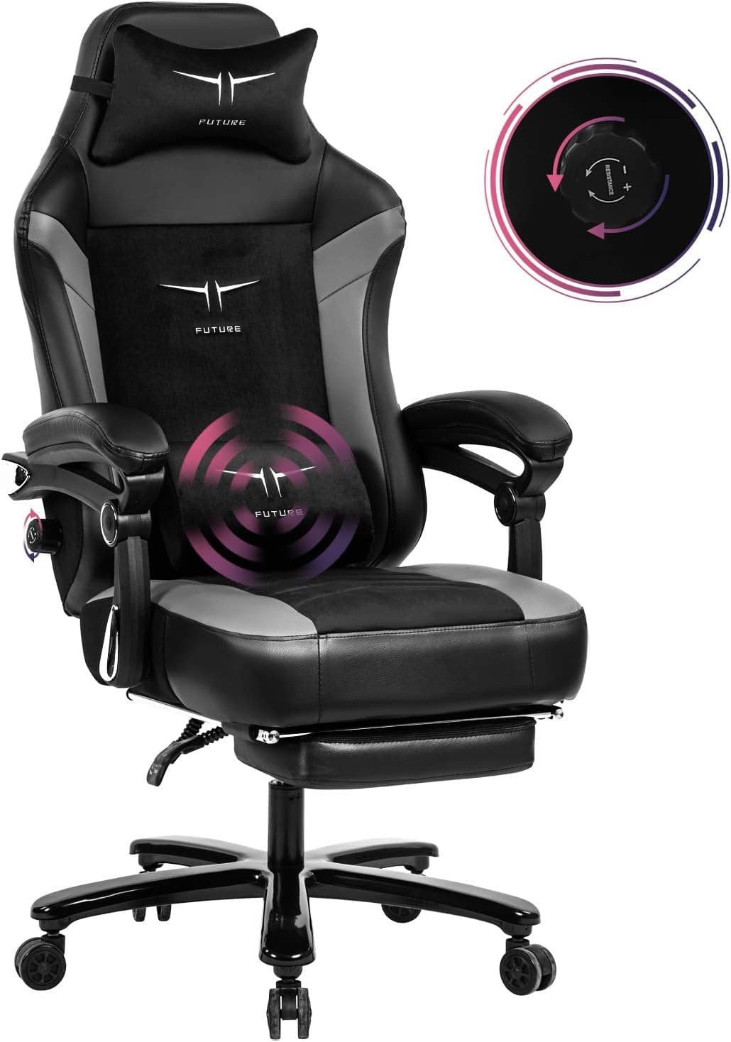 Big and Tall 350lbs Massage Gaming Chair with Footrest - Racing Computer Desk Office Swivel Task Chair Ergonomic Executive Bonded Leather Chair with Adjustable Arms and Lumbar Support, Gray