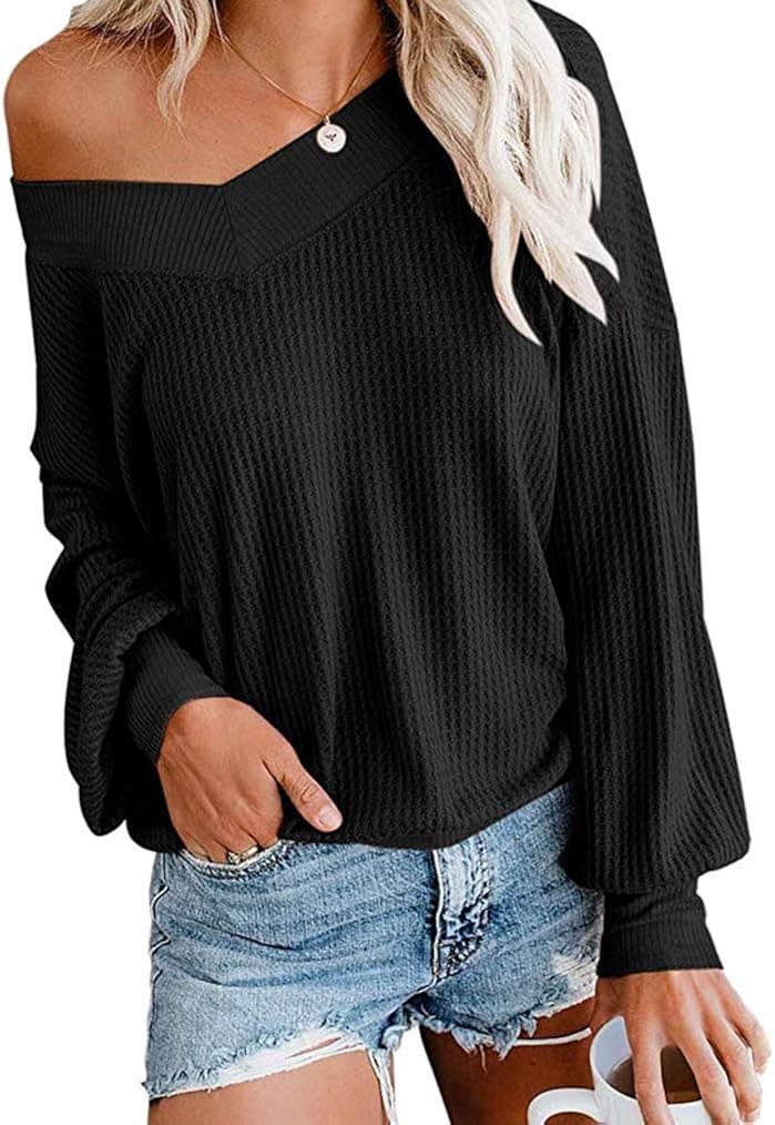 Womens Oversized V Neck Sweaters Long Lantern Sleeve Loose Chunky Knitted Pullover Jumper Tops Black,XL