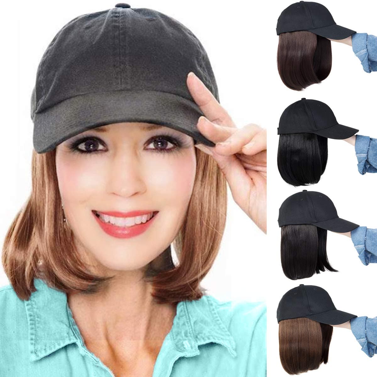 FOCUSSEXY Baseball Cap with Bob Hair Extension Short Bob Hairpiece with White Baseball Hat Attached Adjustable Cap Synthetic Straight Hair for Girls and Women (8 inches)