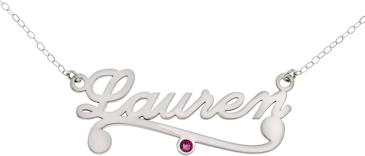 AJ's Collection Personalized Sterling Silver Name Necklace with Birthstone Setting. Customize a Name Charm. Choice of Cable Chain and Birthstone for All. Makes Great Birthday Gift.