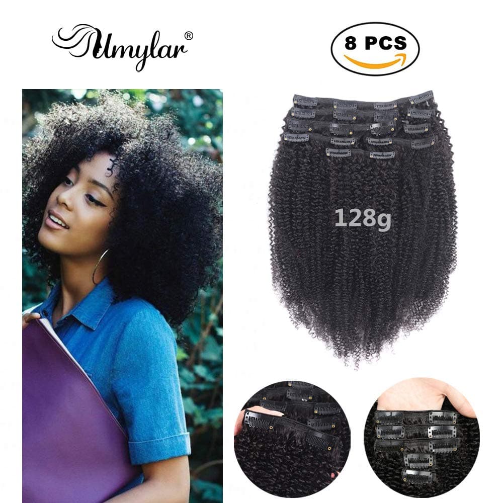 8 Pcs 128g Afro Kinky Curly Clip In Human Hair Extensions 4B 4C Umylar 10A Grade Brazilian Virgin Remy Thick Extension #1B Natural Color (14 inch)