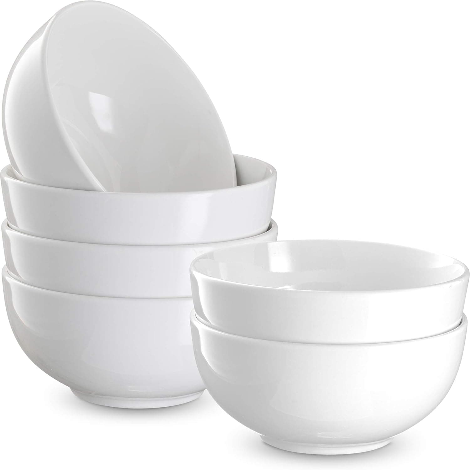 KooK Ceramic Cereal Bowls, Microwave, Dishwasher and Freezer Safe, Porcelain Dishes for Soup, Pasta, Salad, Oatmeal, Deep Interior (White, 6 Inch)