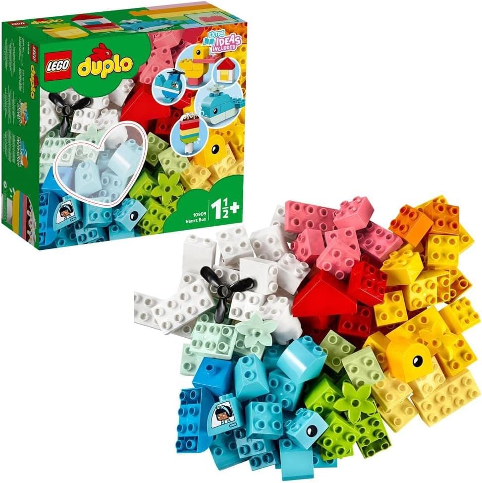LEGO 10909 DUPLO Classic Heart Box, First Bricks Building Toy with Helicopter, Boat, Animal Toys and More, Gifts for Toddlers and Kids 1.5 Years Old