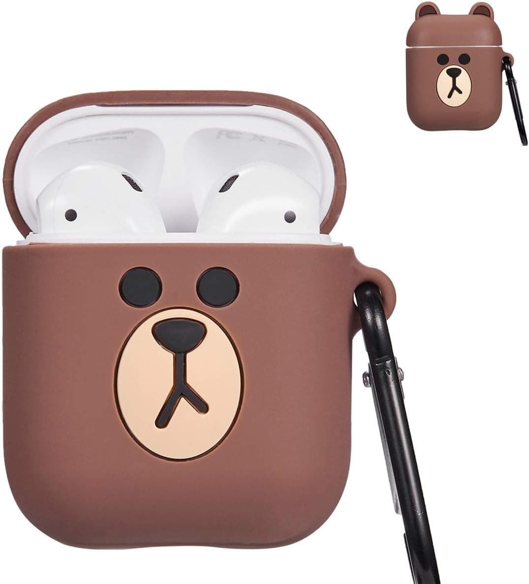 Punswan for Airpods 1 &2 Charging Case,3D Cute Silicone Cartoon Airpod Charging Dock Cover,Character Design Air pod Girls Kids Women Soft Full Protective Skin Cases With Carabiner Keychain(Brown Bear)