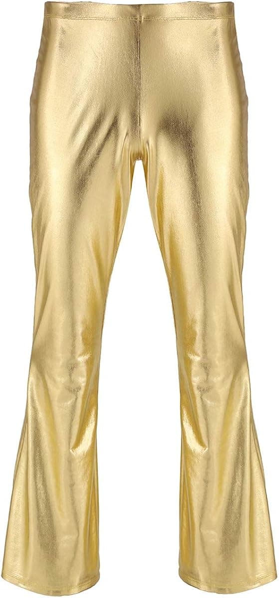 YiZYiF Men's PVC Leather 60s 70s Shiny Metallic Long Pants Bell Bottom Flared Trousers