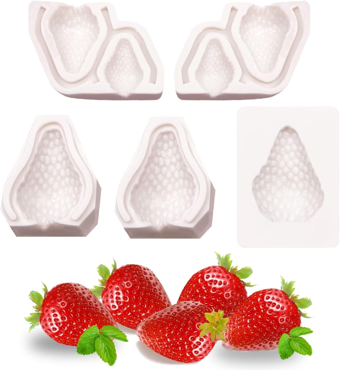 3D Strawberry Silicone Molds 5 Pcs, Mini Strawberry Fondant Mold for Fruit Chocolate Cake Decoration Candy Molds Sugar Cupcake Topper Popsicle Birthday Party Polymer Clay Crafts Strawberry Mold