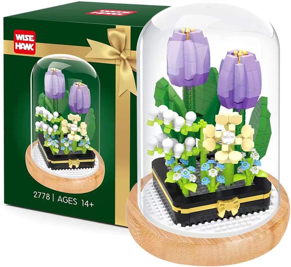 Tooylaa Creative DIY Plant Bouquet Brick,Violet Tulip Immortal Flower Building Blocks with a Transparent Display Cover, Exquisite Decorated Flower Set, Gifts for Kids Women Girlfriends(531Pcs)