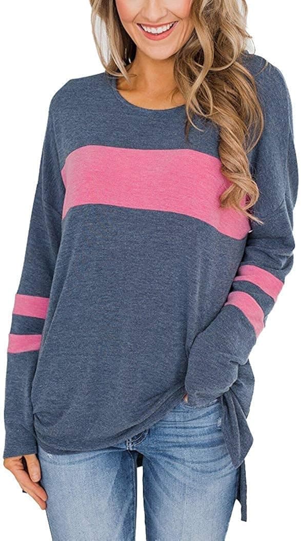 Hount Lightweight Color Block Long Sleeve Plus Size Pullover Sweatshirts Tunics Tops Shirts (Navy Blue, XL)