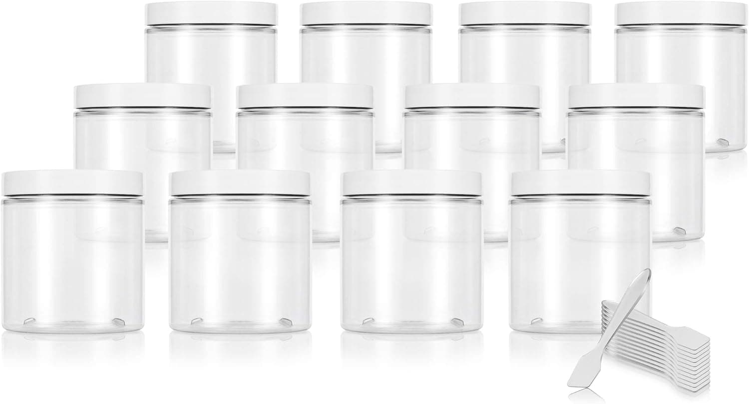 JUVITUS 8 oz Clear PET (BPA Free) Plastic Jar (12 pack) Refillable Empty Storage Containers (White Lid)