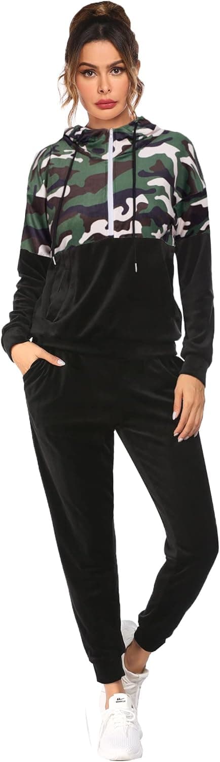 Hotouch Womens Velour Tracksuit Set 2 Piece Joggers Winter Fall Sweat Outfits Soft Comfy Warm Tracksuit Jogging Suit Camo XL