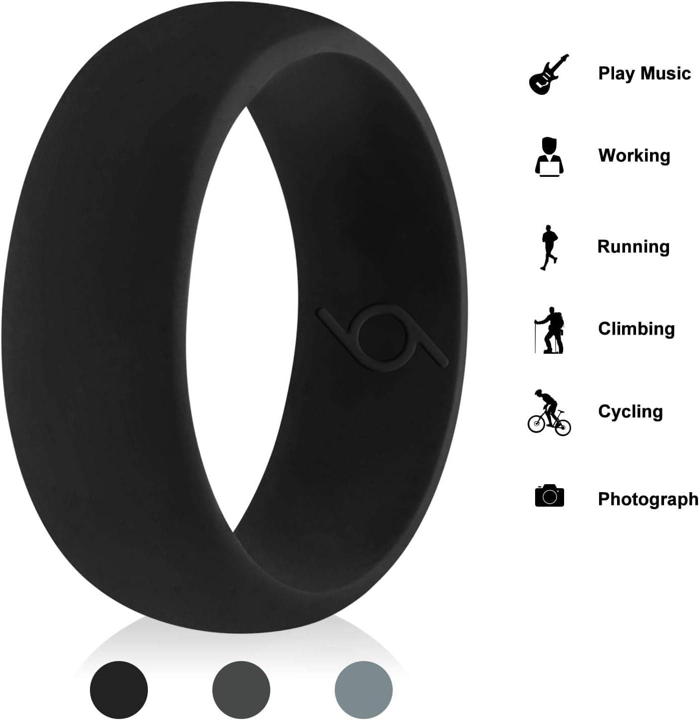 CalMyotis Silicone Wedding Ring for Men, Silicone Rubber Bands – Dome Edge Sleek Design - Black, Dark Grey, LuxuryGrey, Size 13.5-14(23.1mm), Black (Logo Inside)