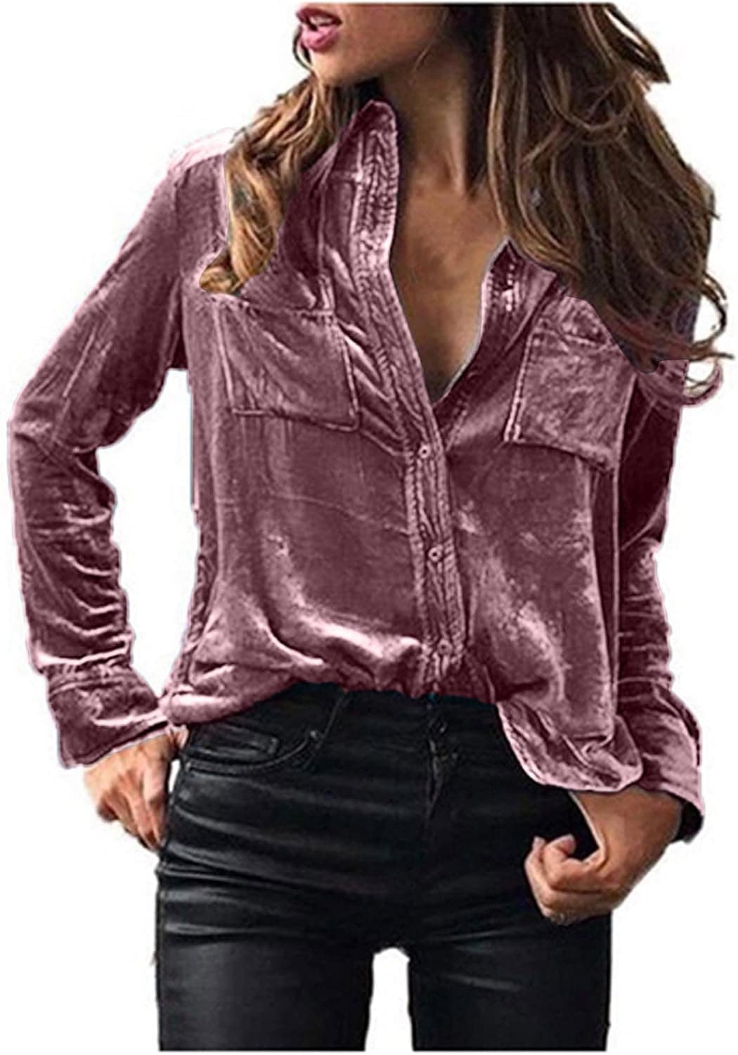 Women Shirts Winter Velvet Long Sleeve Button Pocket Casual Blouses Solid Color Slim Fashion Tops