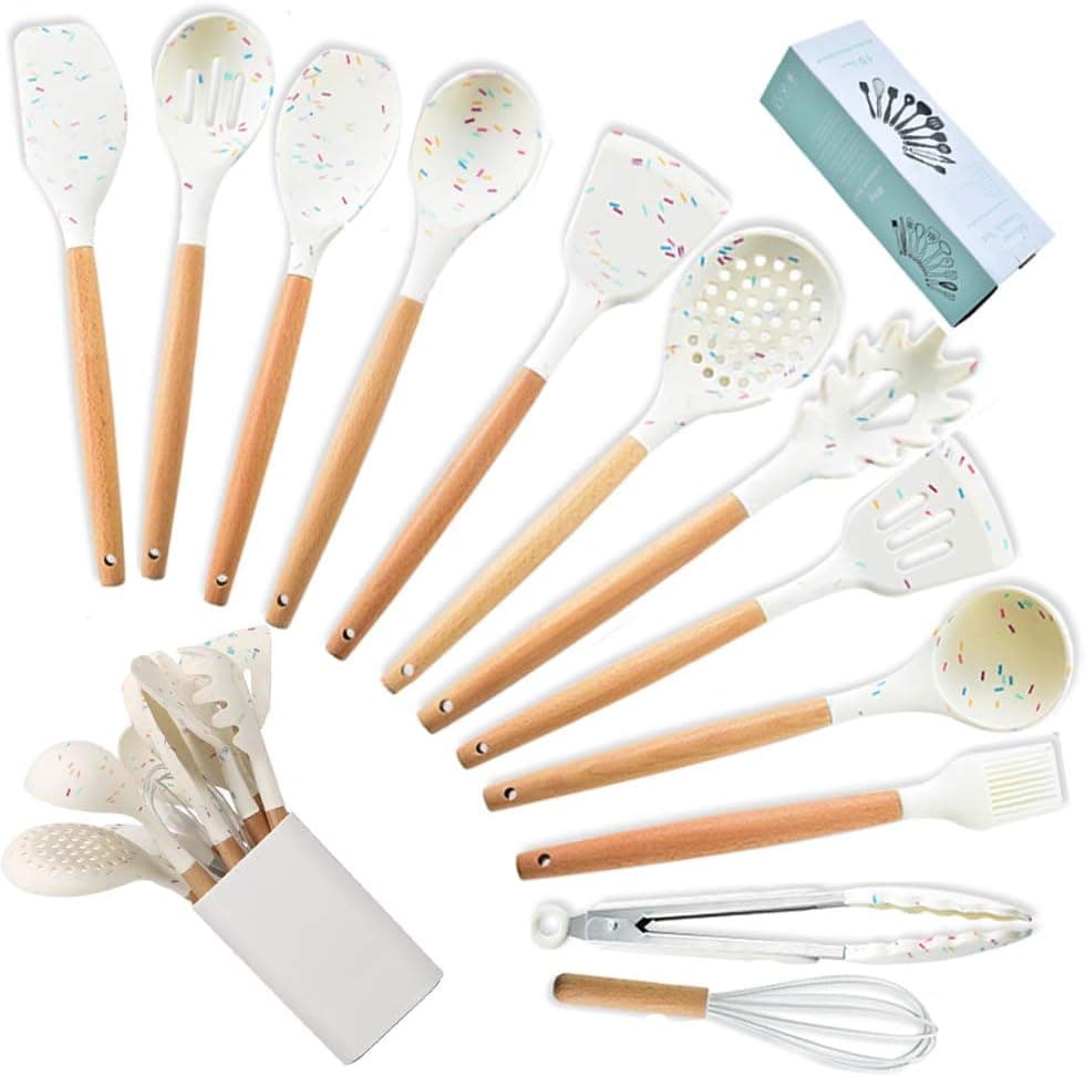 13Pcs Silicone Cooking Utensils Kitchen Utensil Set with Holder.Heat Resistant Silicone Turner Tongs Spatula Spoon Kitchen Gadgets Utensil Set for Nonstick Cookware utensils set (BPA Free) White