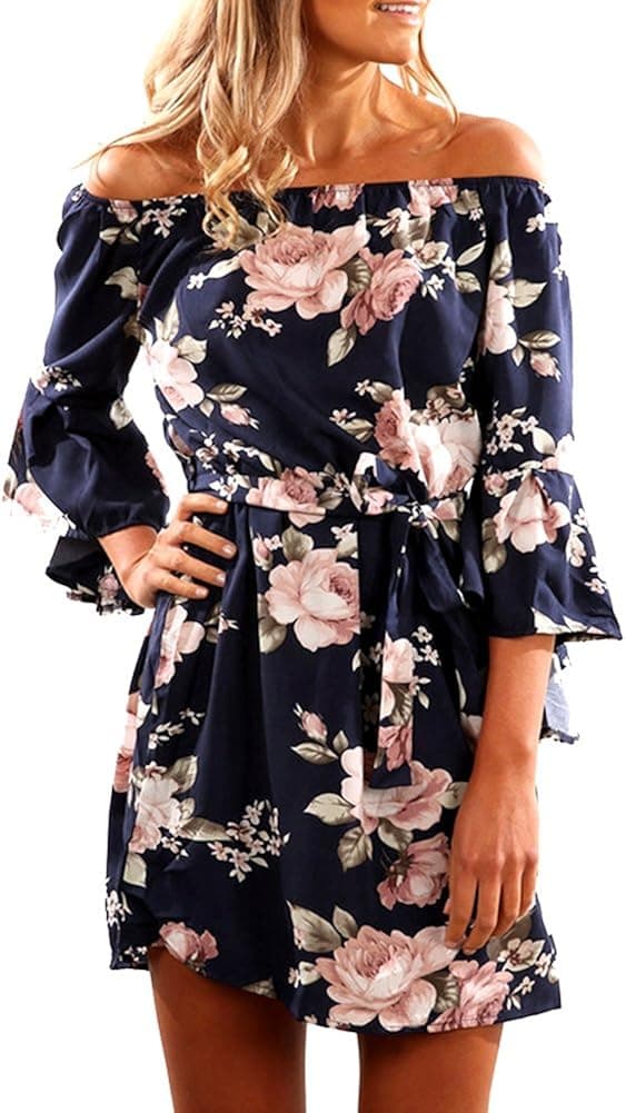 SugooVibe Womens Off Shoulder Floral Print Pleated Summer Casual Dress