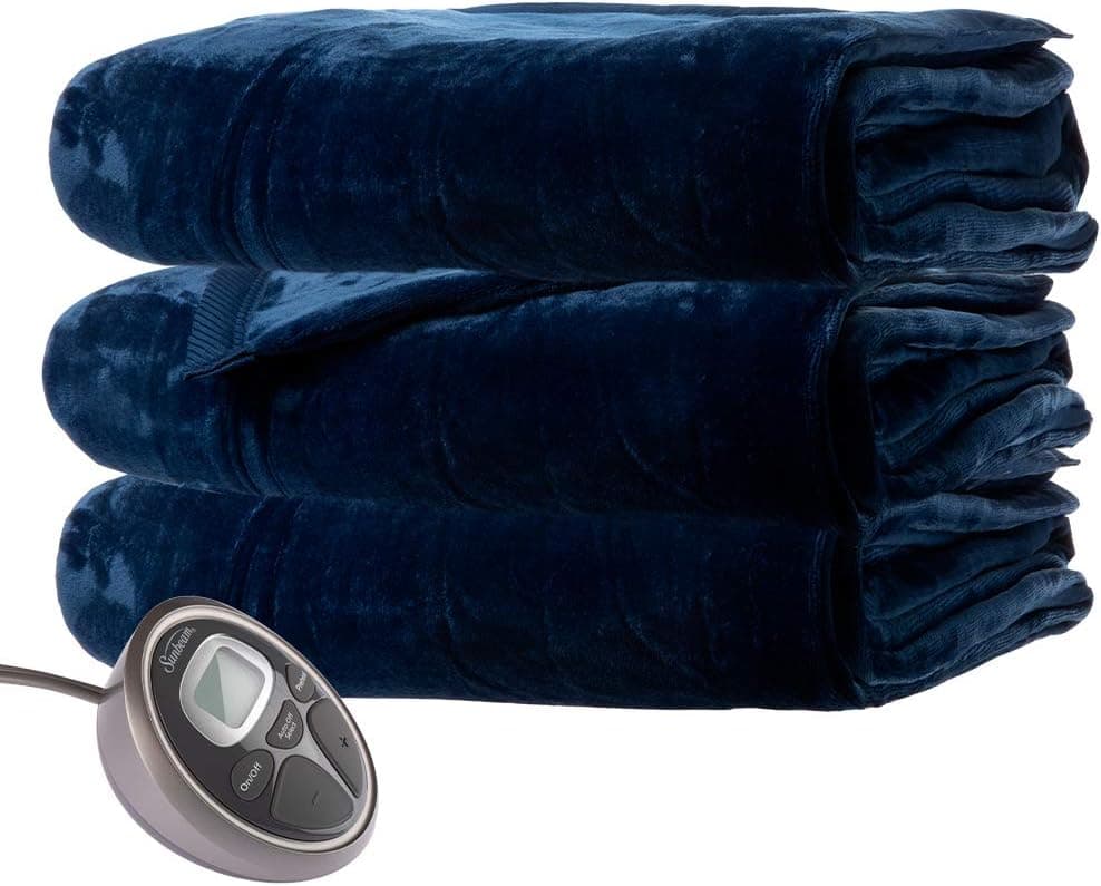 Sunbeam King Premium Soft Electric Heated Blanket Velveteen Plush 20 Heat Settings, Dual Controls (Blue)