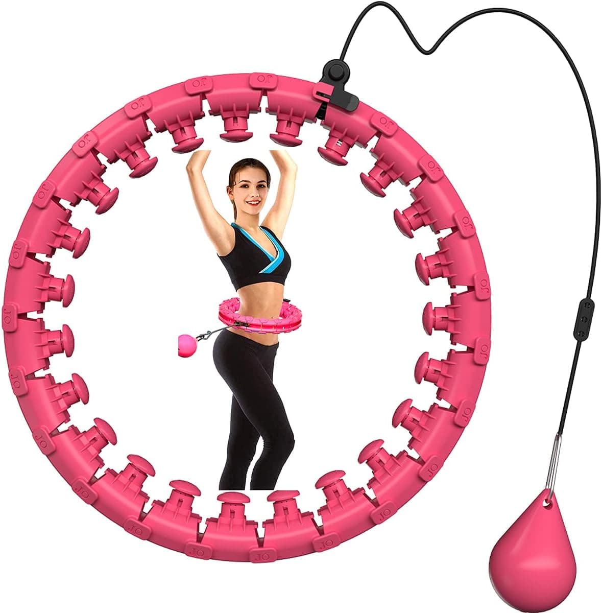 APzek Weighted Smart Hula Exercise Hoop for Adults and Kids, 2 in 1 Abdomen Fitness Massage No Falling Hula Fitness Hoops, Adjustable 24 Detachable Knots Weight Spinning Ball (Pink)