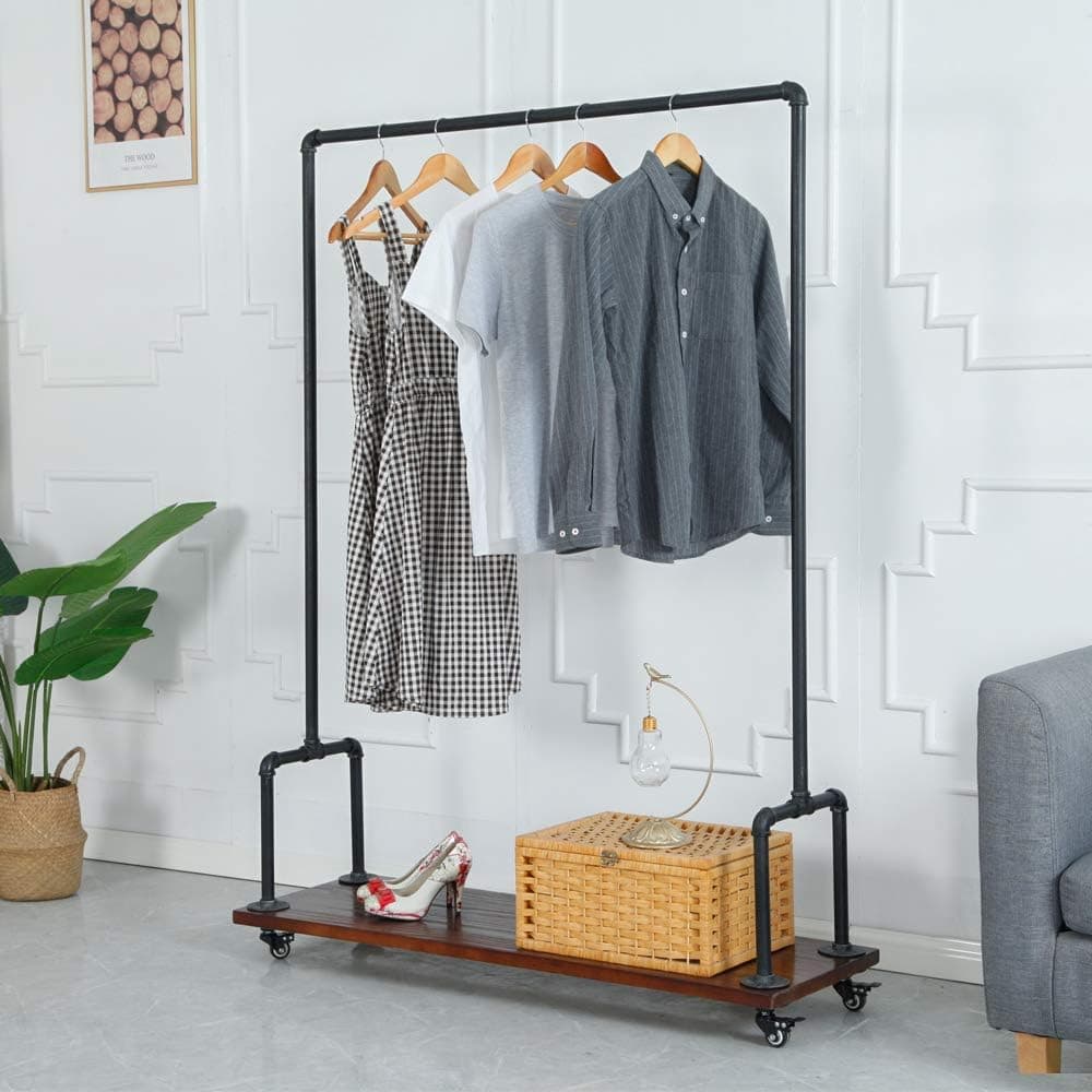 Tianman (47" Wx63 Tx16 D) Industrial Rustic Look Pipe Style Rolling Garment Rack with Shelf, Clothes Rack, clothing rack Lockable Wheels, Heavy Duty Clothing Rack for Retail Store