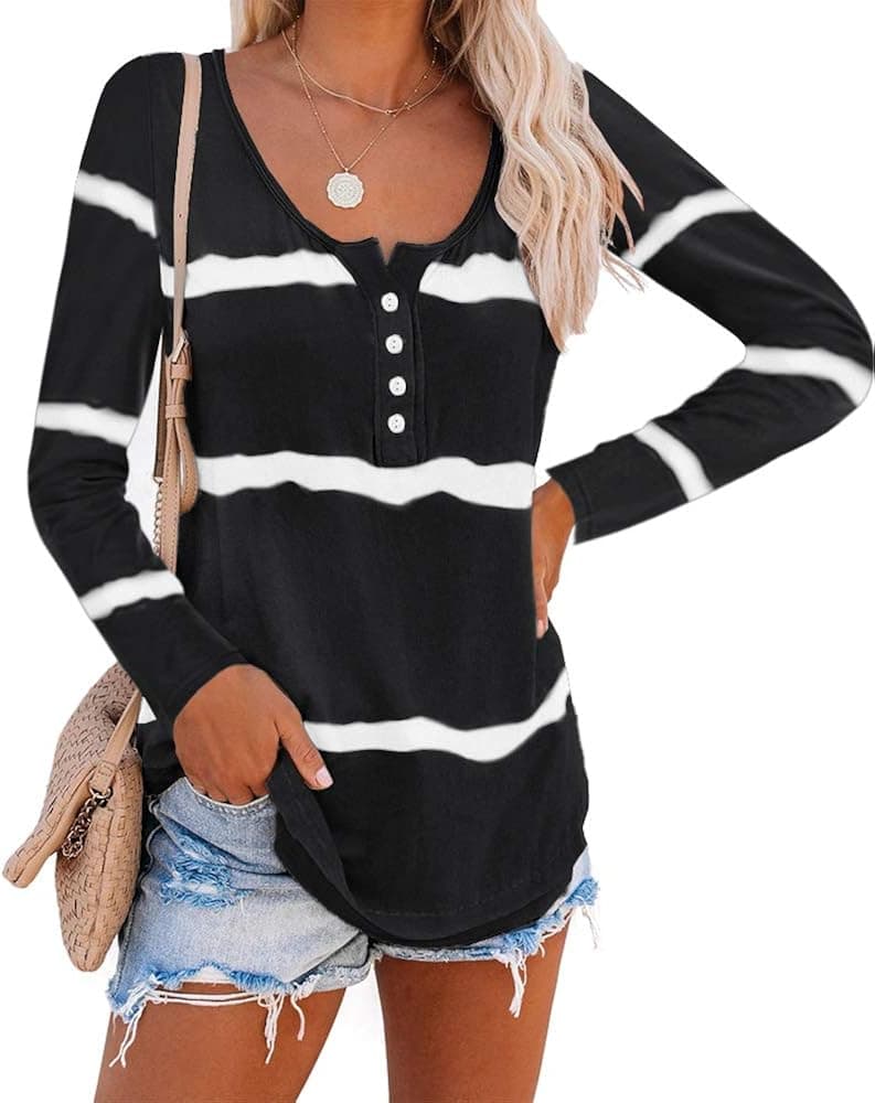 Imysty Womens Workout Tunic Tops Button Up Striped Printed Scoop Neck Casual Henley Shirts