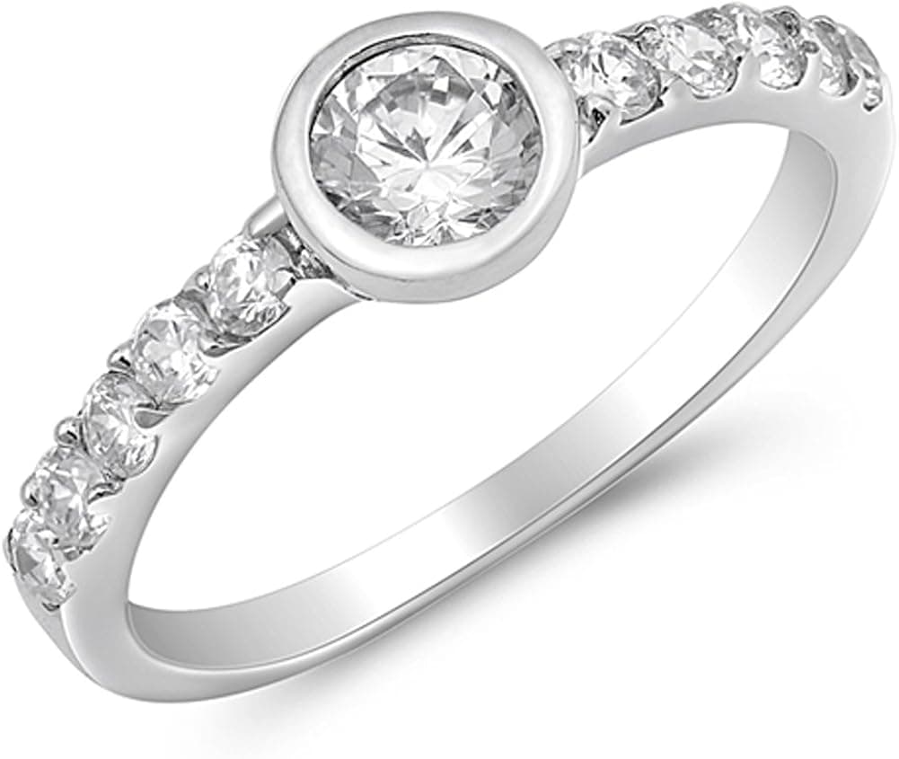 Round White CZ Bezel Set Wedding Ring New .925 Sterling Silver Band Sizes 4-9