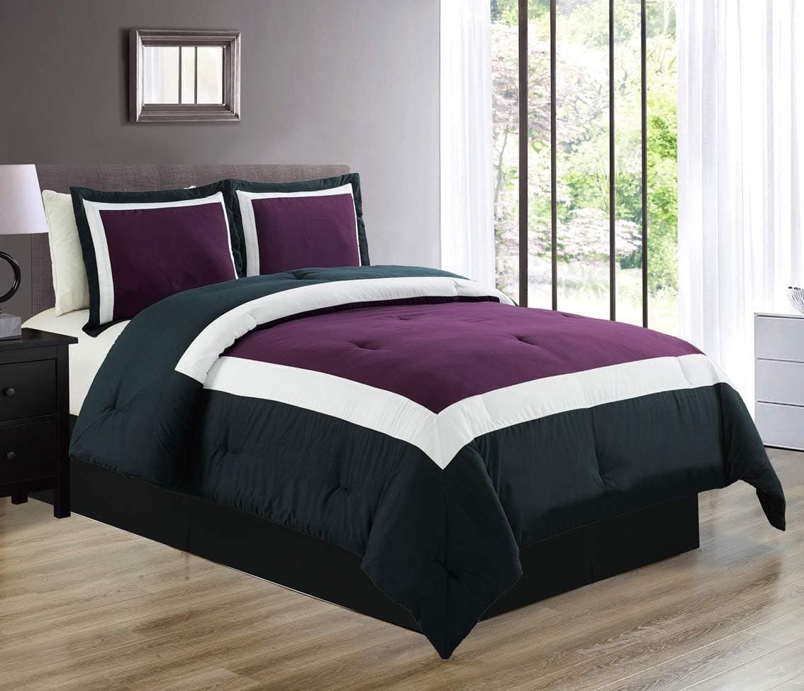 GrandLinen 4-Piece All-Season Down Alternative Quilted Color Block Full Size Comforter Set- Summer Cooling Ultra Soft Bedding- Plush Microfiber Fill - Machine Washable (Purple, Black, White)