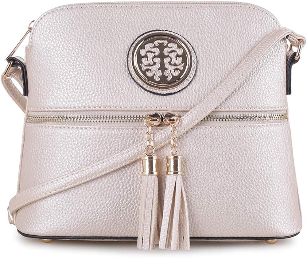 SG SUGU Lightweight Medium Dome Crossbody Bag with Tassel and Metallic for Women | Zipper Pocket | Adjustable Strap | CHAMPAGNE