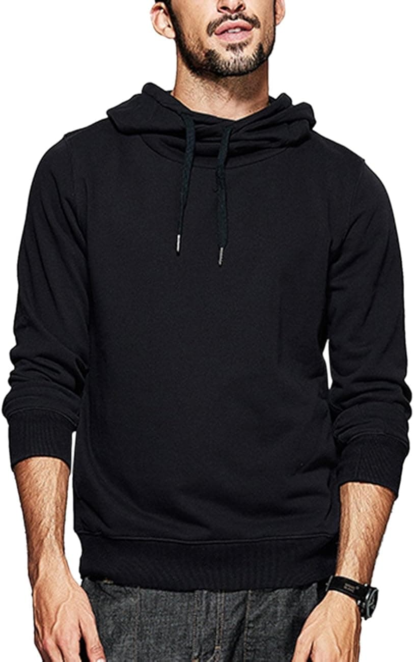 Yong Horse Mens Hoodies Fashion Sweatshirts Long Sleeve Shirts Drawstring Shawl Neck Lightweight Soft Hipster Sports Outwear Hip-hop Style Casual Pullover Hooded Sweatshirt for Men (Black, XL)