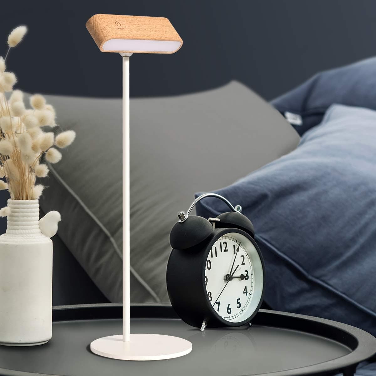 YiLaie Table Reading Light [Modern Wooden Dimmable 360°Adjustable] USB Rechargeable Cordless Portable Battery Powered Desk Reading Lamp for Office College Dorm Study Home Bedroom Bedside