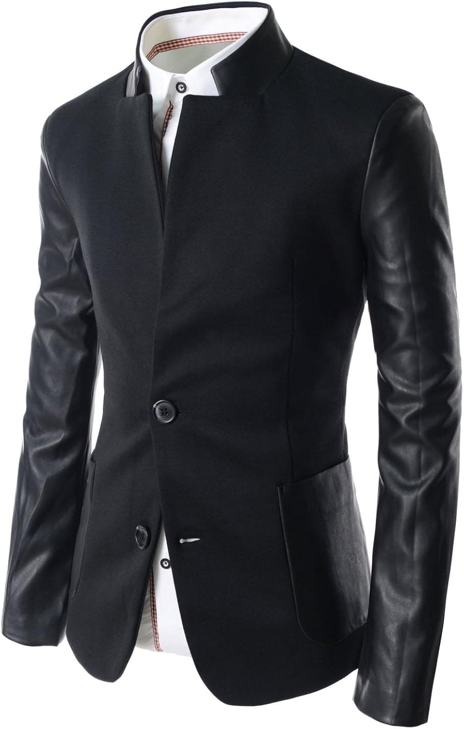 TheLees Mens Slim Leather Patched 2 Button Blazer